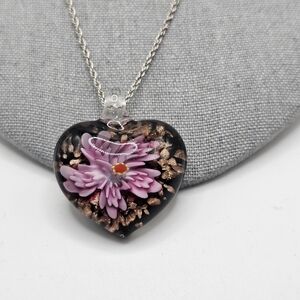 Pink Floral Heart Glass Pendant Necklace 18" Silvertone Chain 4" Ext